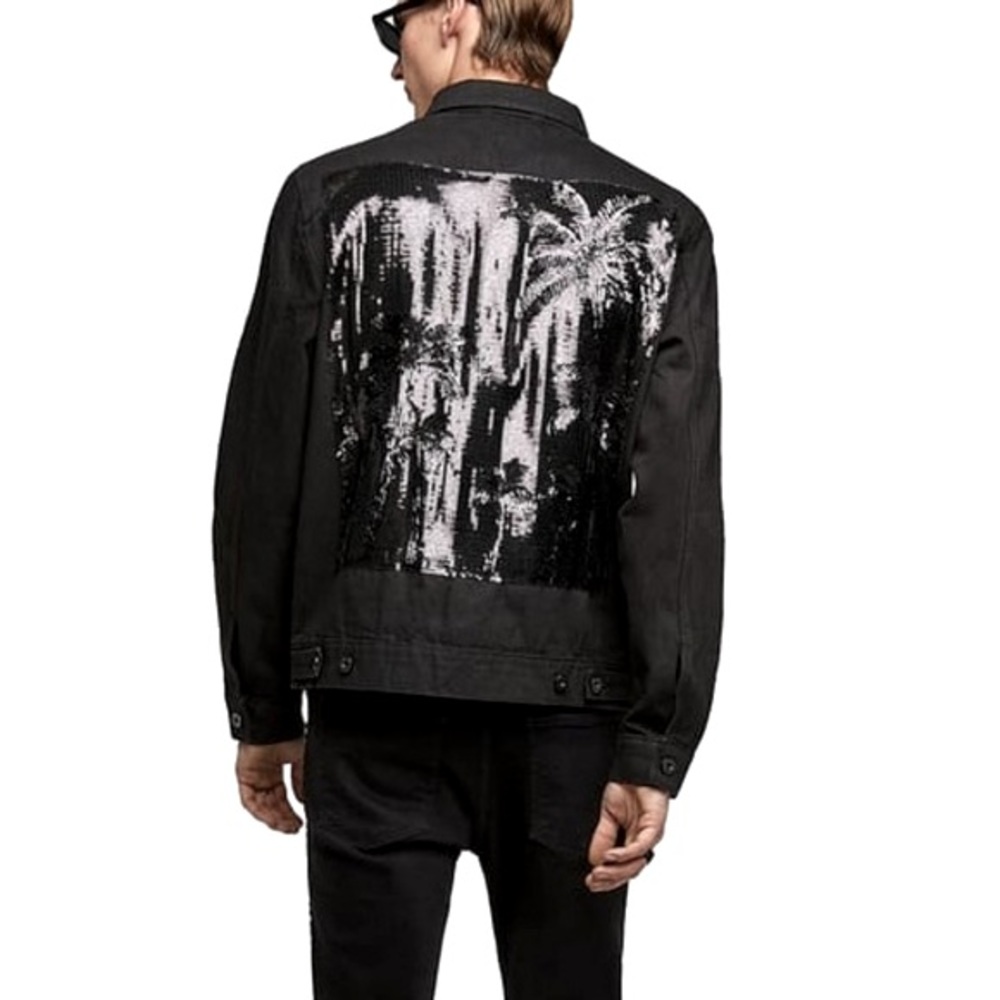 Zara Black Denim Jacket Sequin Palm Design S
